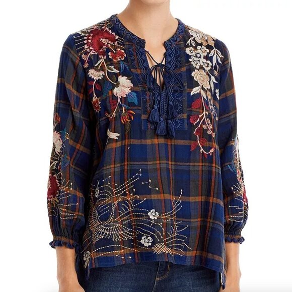 Johnny Was Freja Plaid Embroidered Peasant Top - Picture 1 of 8